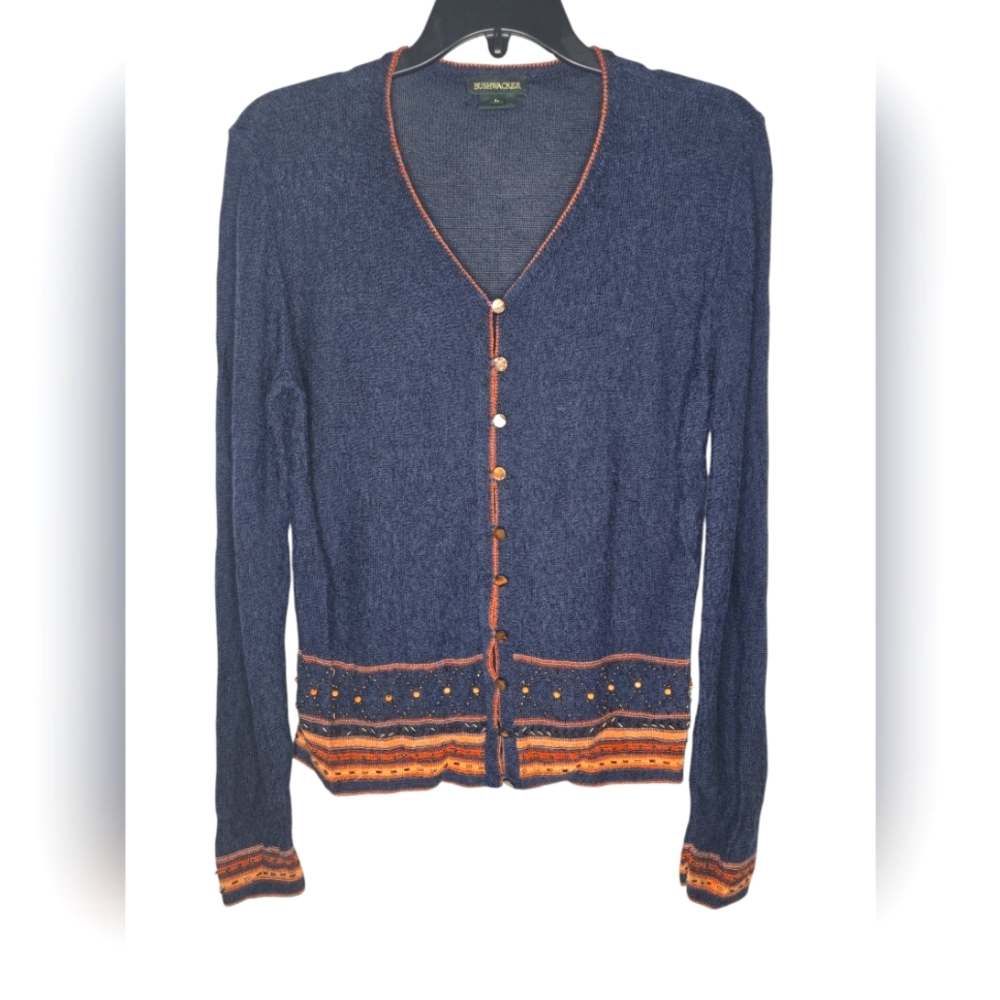 Bushwacker Beaded V Neck Button Down Bohemian Cardigan Size Large
